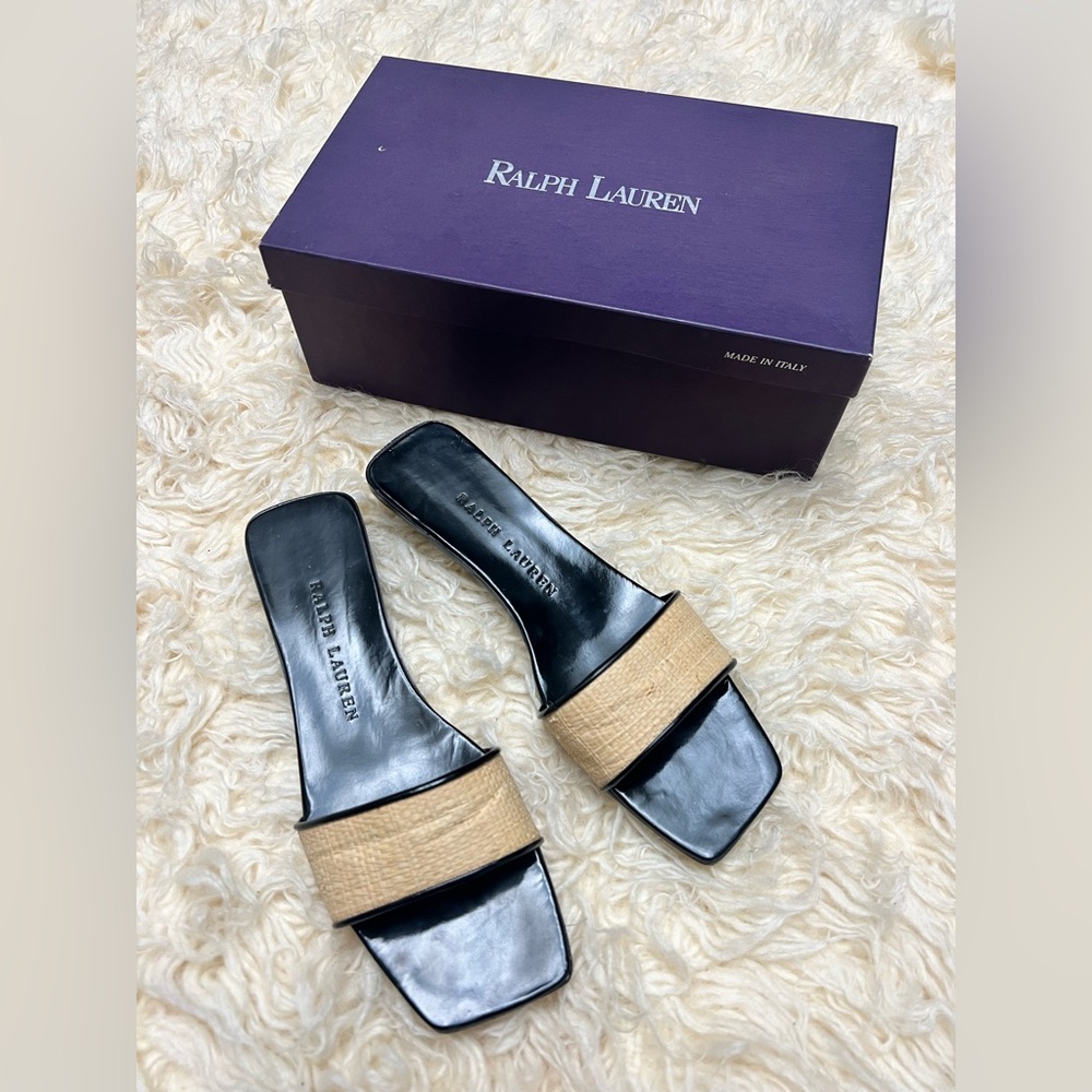 Ralph Lauren Purple Label Straw Flora Black and Tan Women's Sandals Flats Size 8